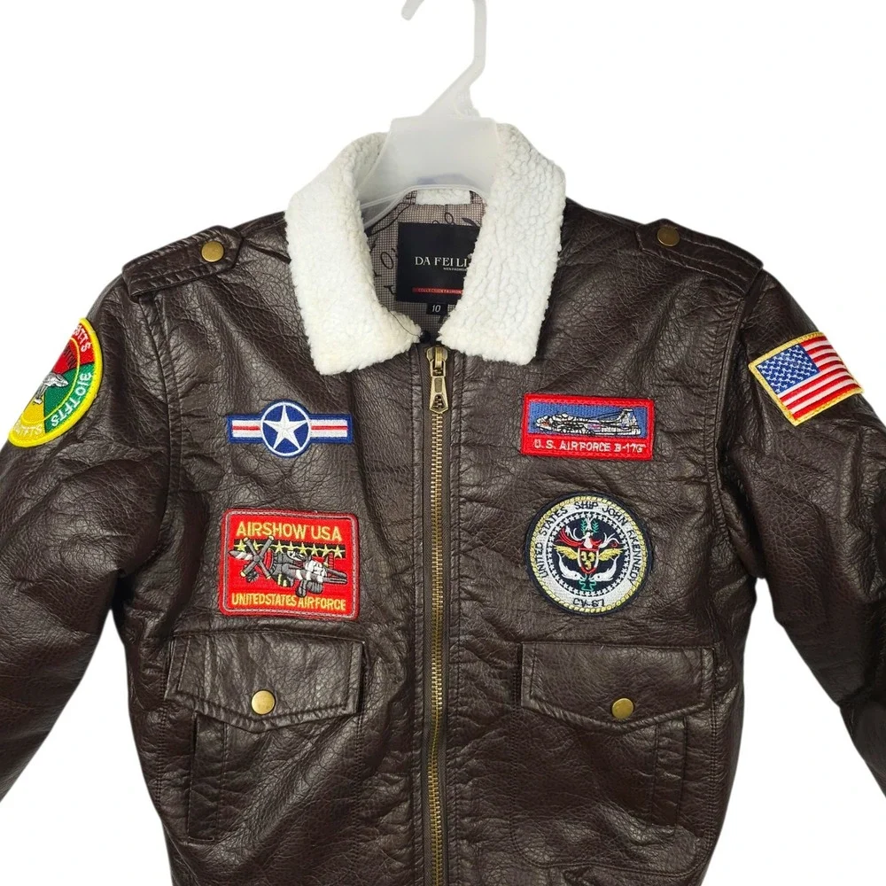 Da Fei Li Boys Bomber Jacket Size 10 Flight Aviator Faux Leather Patches Coat